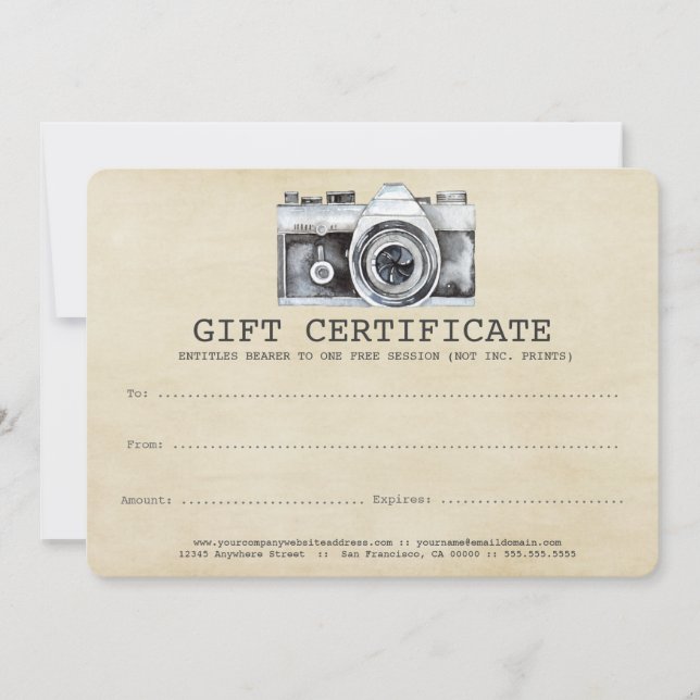 Professional Photographer Camera Gift Certificate (Front)