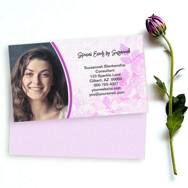 Professional Pink Floral Background Custom Photo  Business Card (floral front and pink back custom photo business card design)