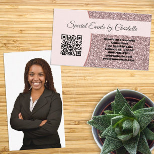 Professional Pink Glitter Custom Photo QR Code Business Card