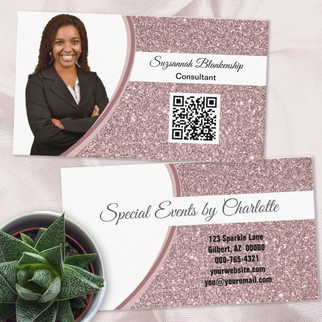 Professional Pink Glitter Custom Photo QR Code Business Card (Creator Uploaded)