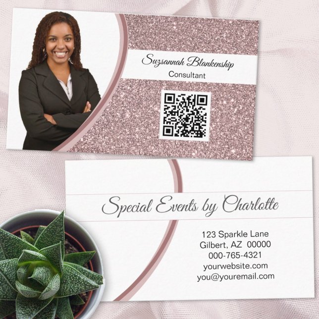 Professional Pink Glitter Custom Photo QR Code  Business Card (Creator Uploaded)