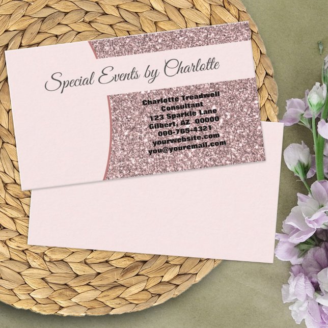 Professional Pink Glitter FRONT Business Card (Tell them who you are on this simple rose gold faux glitter card with ample room for notes on back.)