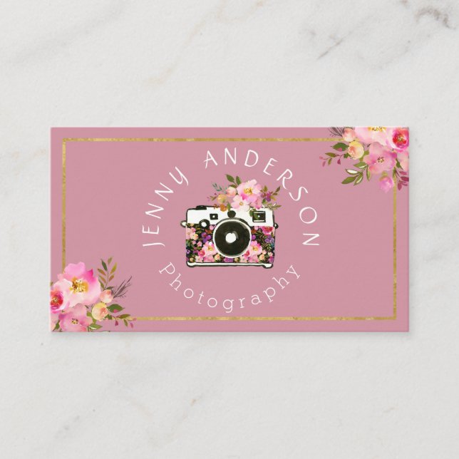 Professional Pink Gold Floral Camera Photographer Business Card (Front)
