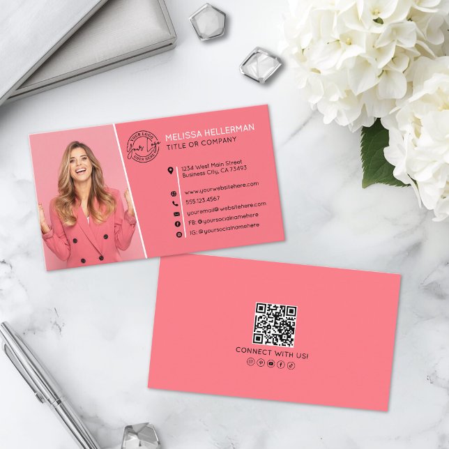 Professional Pink QR Code Photo Your Logo Business Card (Professional Pink QR Code Photo Your Logo Business Card)