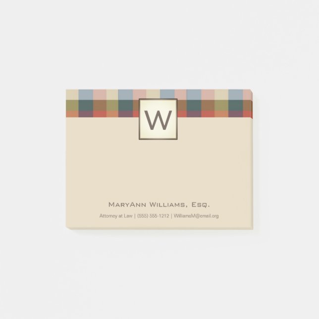 Professional Plaid Executive with Name & Monogram Post-it Notes (Front)