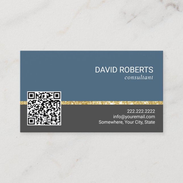 Professional Plain Blue & Grey QR Code Consultant Business Card (Front)