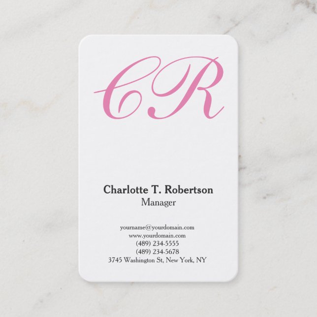 Professional plain pink script monogram feminine business card (Front)