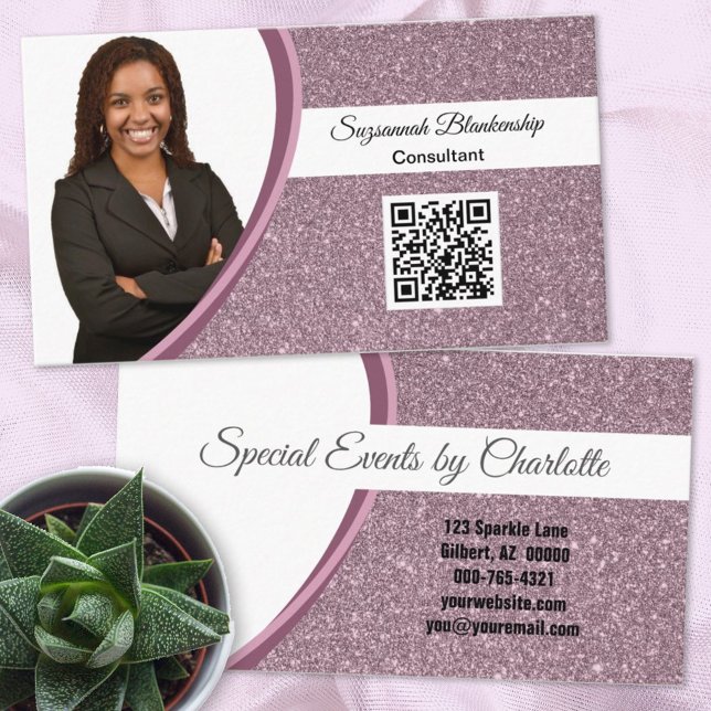 Professional Plum Glitter Custom Photo QR Code Business Card (Creator Uploaded)