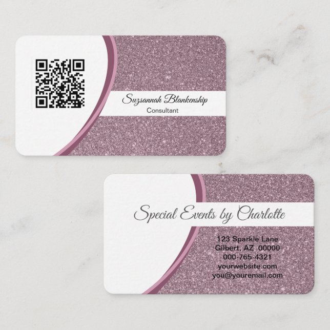 Professional Plum Glitter QR Code Template Business Card (Front/Back)