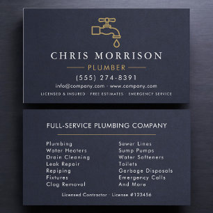 Professional Plumber Navy Blue Gold Minimalist Business Card