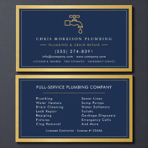 Professional Plumber Navy Blue Gold QR Code Business Card