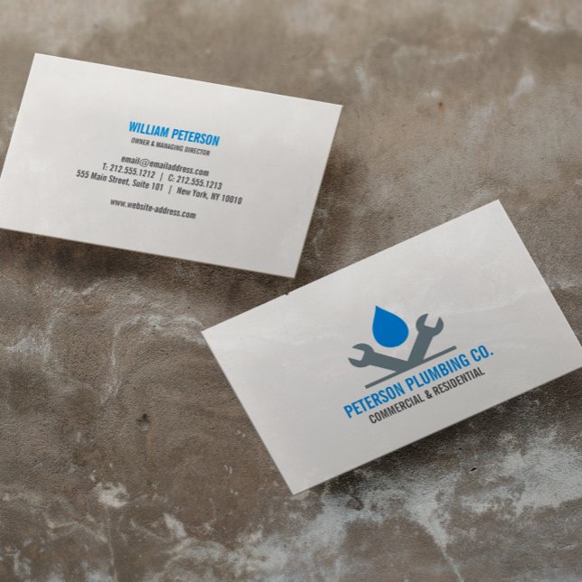 Professional Plumbing Logo  drop tool grey blue Business Card (Creator Uploaded)