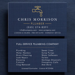 Professional Plumbing Plumber Navy Blue Gold Business Card