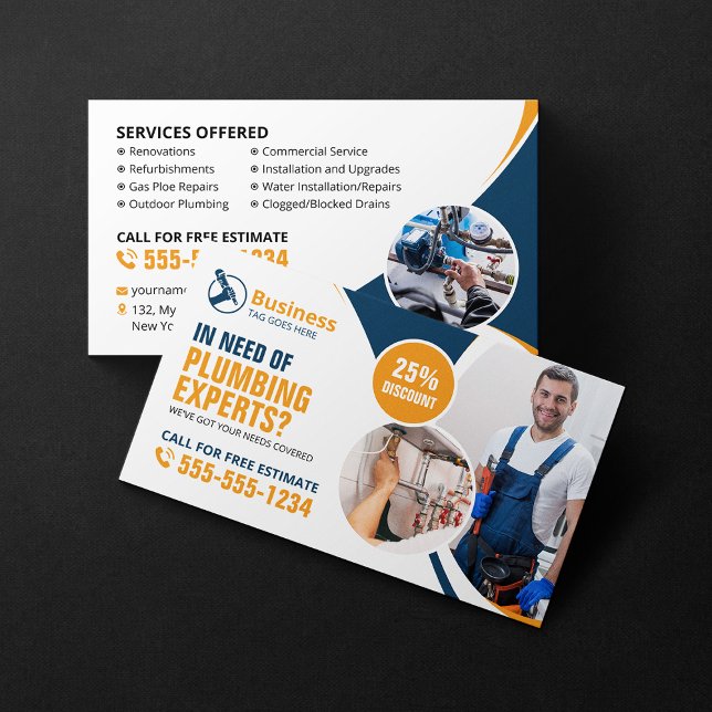 Professional Plumbing Repair Plumber Blue Orange Business Card (Creator Uploaded)