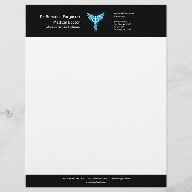 Professional Precious Medical Blue Caduceus Custom Letterhead (Front)