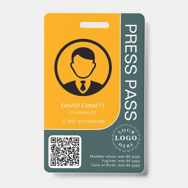 Professional Press Pass with QR Code and Photo ID Badge (Front)
