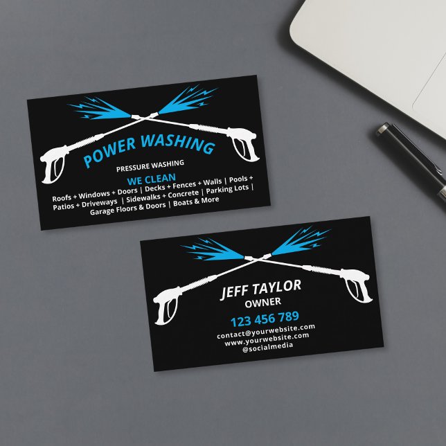 Professional Pressure Washing Power Washing Business Card (white power wash gun with blue water on the black background)