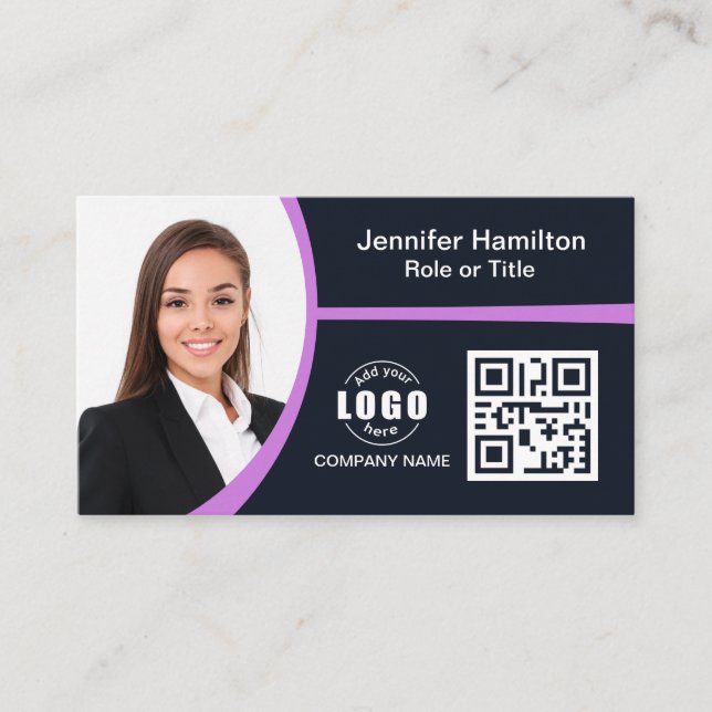 Professional  Purple add your Logo QR Code Business Card (Front)
