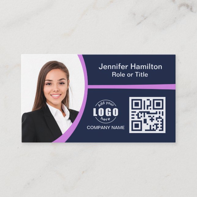 Professional Purple add your Logo QR Code Photo Business Card (Front)