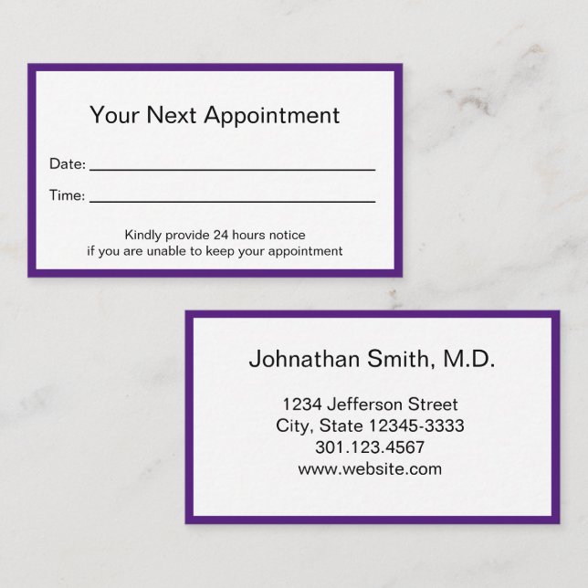 Professional Purple and White Doctor's Office Appointment Card (Front/Back)