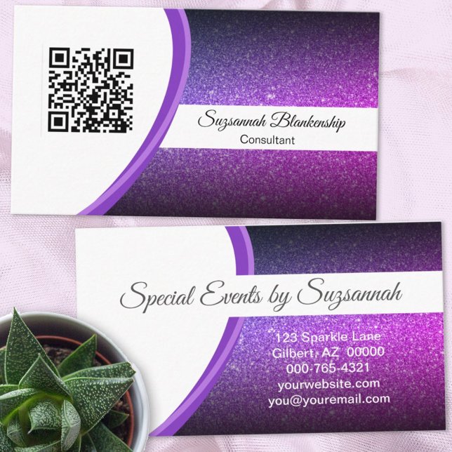 Professional Purple Glitter QR Code Template Business Card (Creator Uploaded)