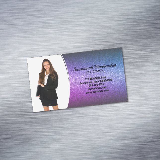 Professional Purple Ombre Glitter Custom Photo Magnetic Business Card (In Situ)