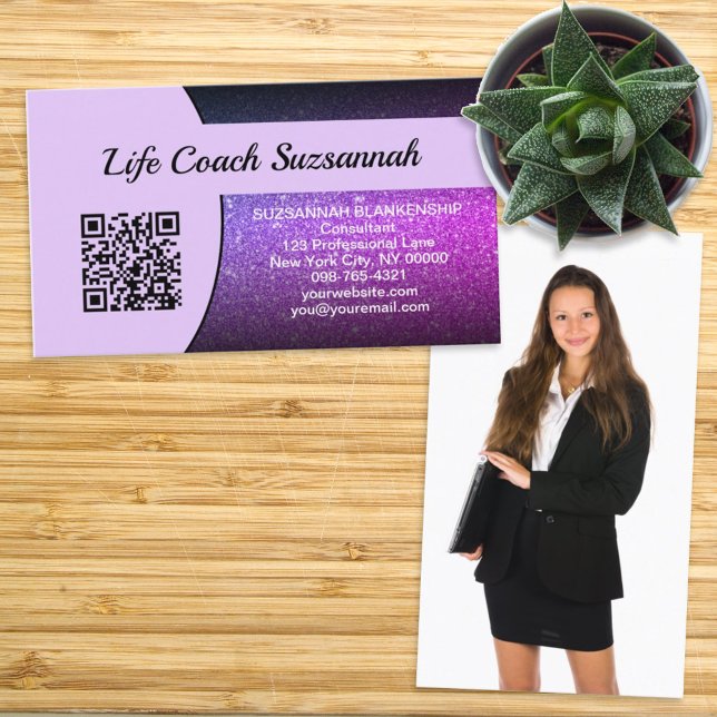 Professional Purple Ombre Glitter Custom Photo QR Business Card (Creator Uploaded)