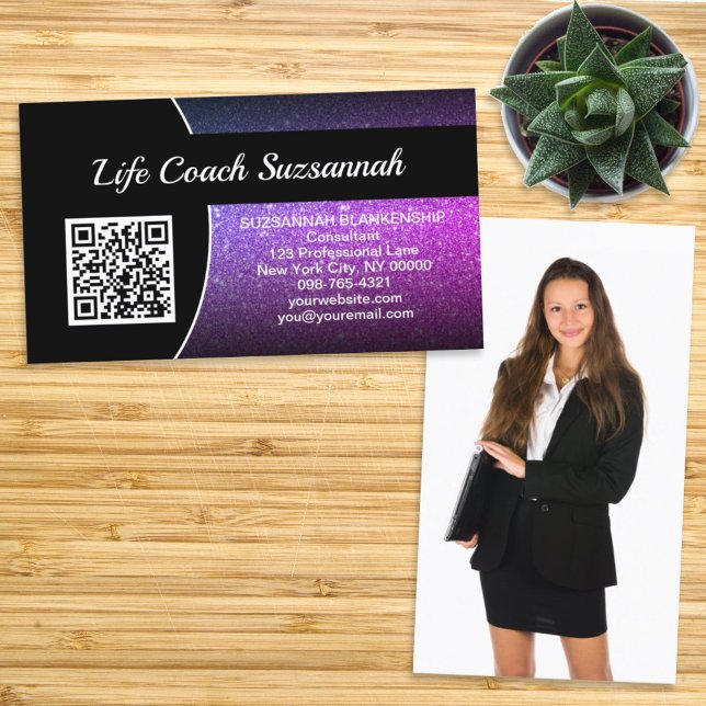 Professional Purple Ombre Glitter Custom Photo QR Business Card (Creator Uploaded)