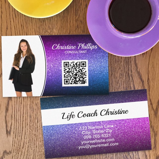 Professional Purple Ombre Glitter Custom Photo QR Business Card (Creator Uploaded)