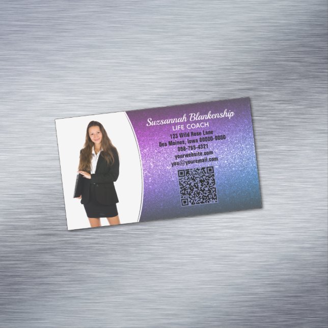 Professional Purple Ombre Glitter Custom Photo QR  Magnetic Business Card (In Situ)