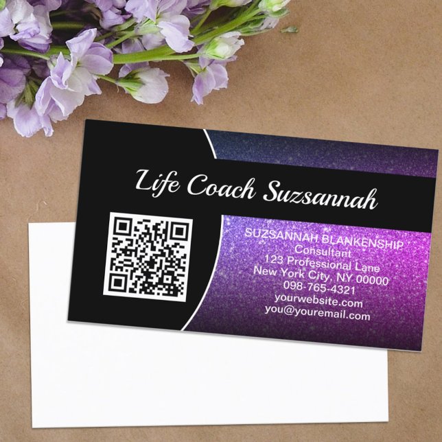 Professional Purple Ombre Glitter QR Code Custom Business Card (All information on the front allows room for handwritten notes on the back of this business card. )