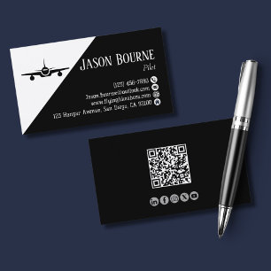 Professional QR Code Aviation Employee Black White Business Card
