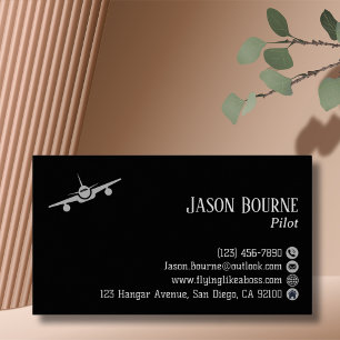 Professional QR Code,Aviation, Modern Black Silver Business Card
