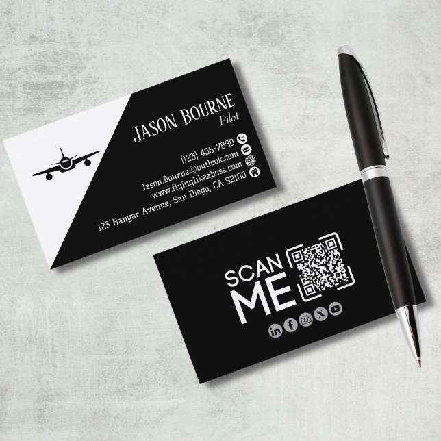 Professional QR Code Aviation Pilot Black an White Business Card (Creator Uploaded)
