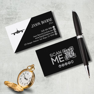 Professional QR Code Aviation Pilot Black an White Business Card
