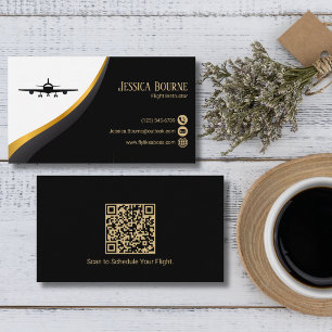 Professional QR Code Elegant Black Gold Aviation Business Card