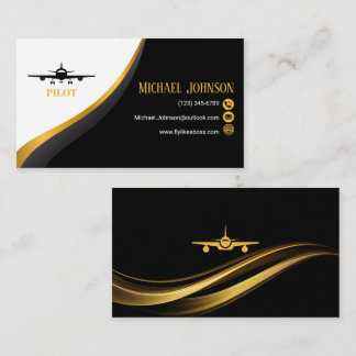 Professional QR Code Elegant Black Gold Aviation Business Card