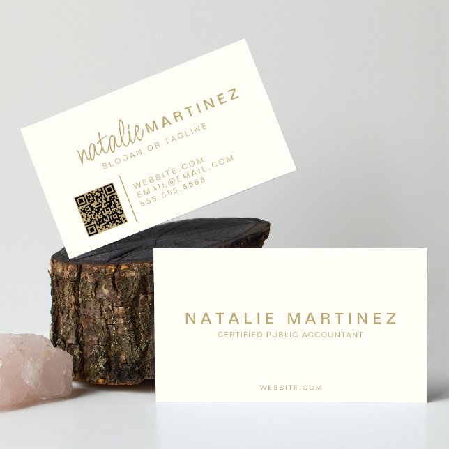 Professional QR Code Elegant Cream And Gold Script Business Card (Creator Uploaded)