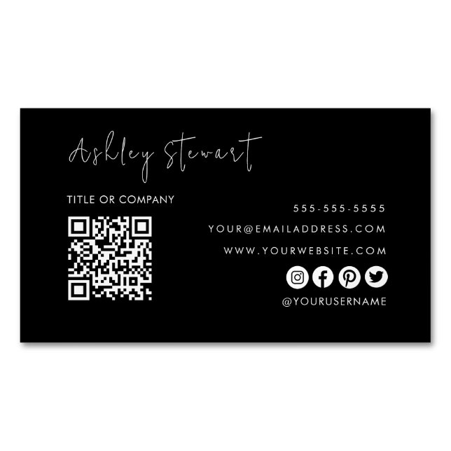 Professional Qr Code Modern Minimalist Black Magnetic Business Card (Front)