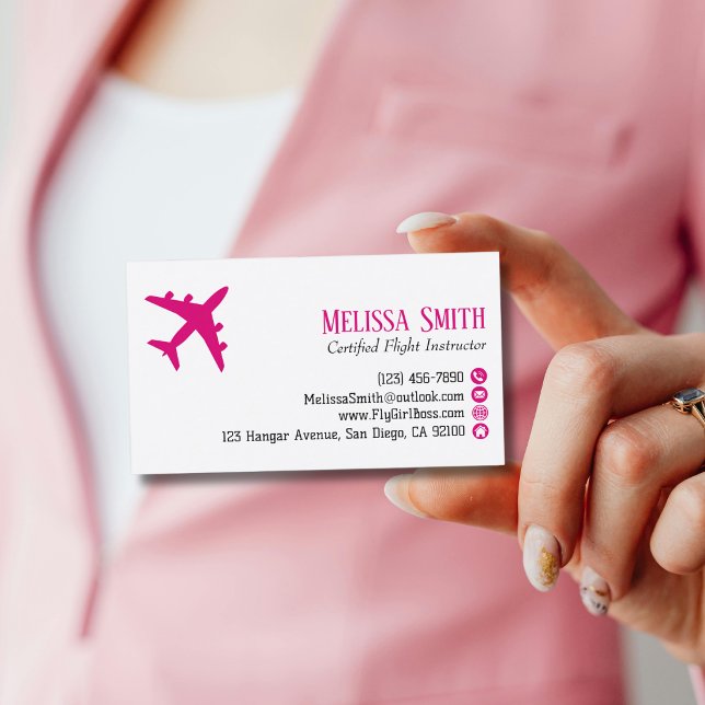 Professional QR Code Pink Plane Flight Instructor Business Card (Creator Uploaded)