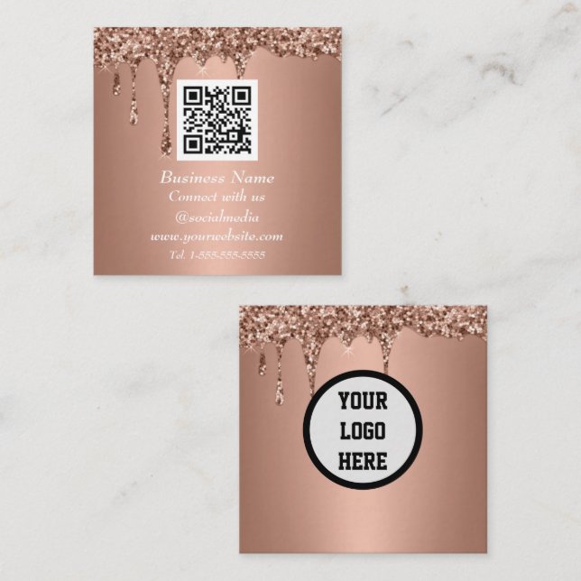 Professional QR Code Pink Rose Gold Glitter Square Business Card (Front/Back)