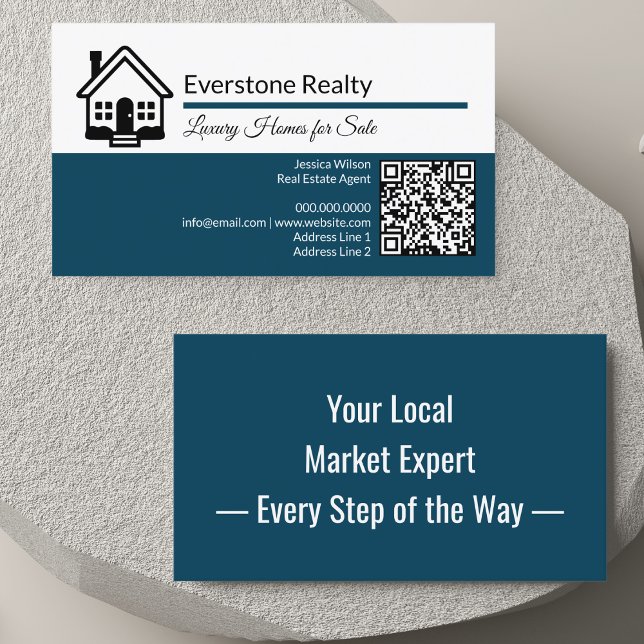 Professional QR Code Real Estate  Business Card (Modern real estate business card with home logo, QR code, custom details & catchy back hook design.)