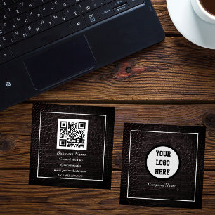 Professional QR Code Scannable Brown Leather Square Business Card