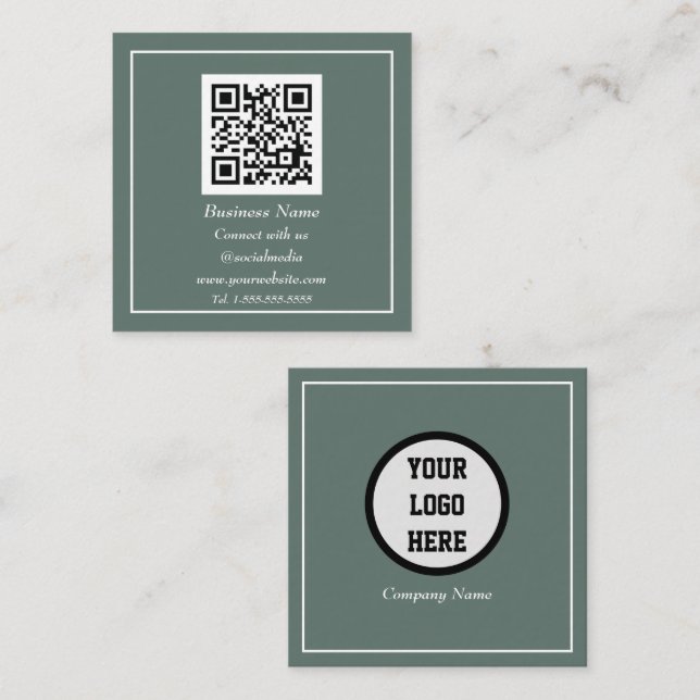 Professional QR Code Scannable Sage Green Square Business Card (Front/Back)