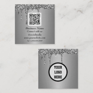 Professional QR Code Scannable Silver Glitter Drip Square Business Card
