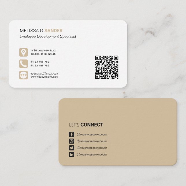 Professional QR code social media beige Business C Card (Front/Back)