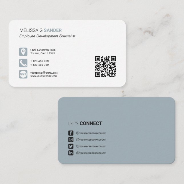 Professional QR code social media dusty blue Busin Business Card (Front/Back)