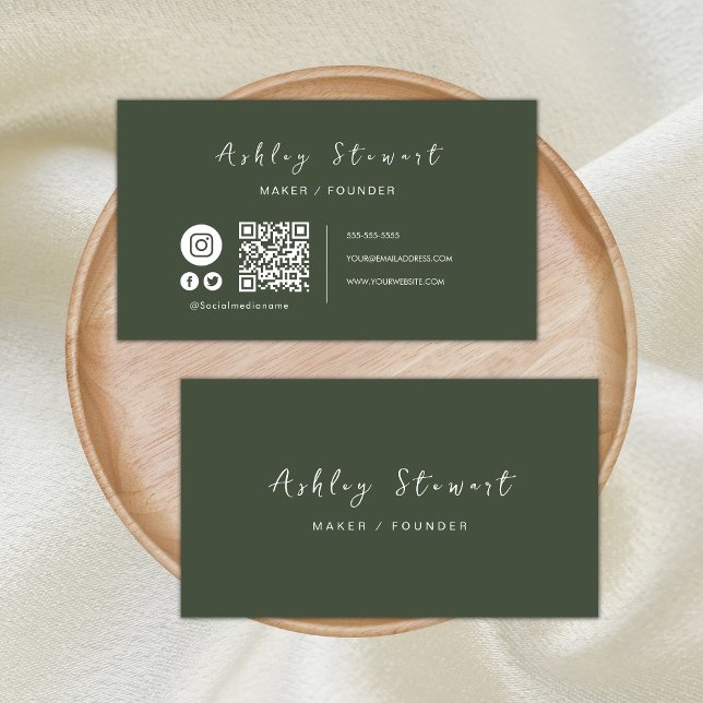 Professional Qr Code Social Media Forest Green Business Card (Creator Uploaded)