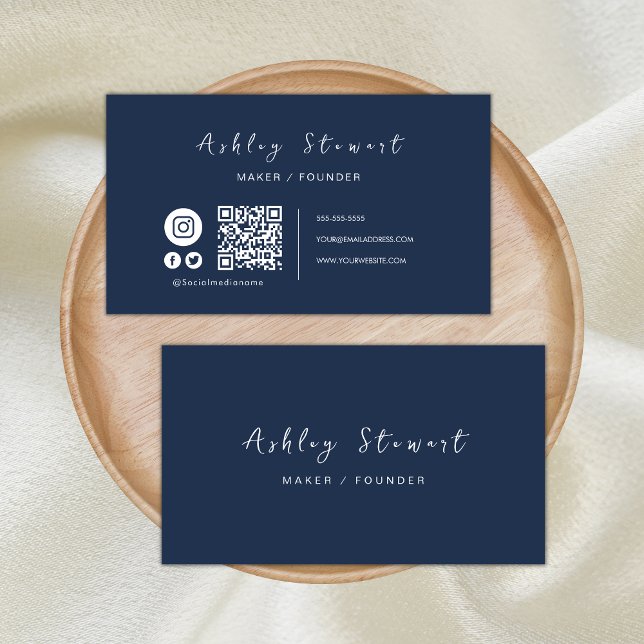 Professional Qr Code Social Media Navy Blue Business Card (Creator Uploaded)