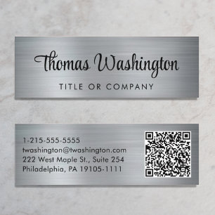 Professional QR Code Stylish Script Silver Mini Business Card